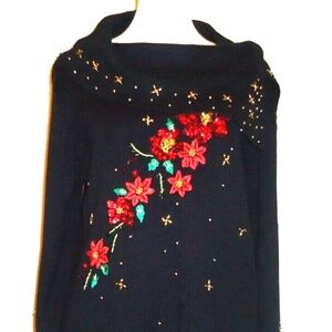 Vtg 80s C.B.Collections Women's Black Cowl Neck Beaded Poinsettia Sweater Sz-S